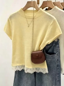 Franclia Women's Spring/Early Spring New Pullover Sweater Knit Top, Black And White Striped Colorblock Lace Patchwork Short Sleeve, Casual Versatile Korean-Style French Chic - Yellow - View 2