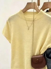 Franclia Women's Spring/Early Spring New Pullover Sweater Knit Top, Black And White Striped Colorblock Lace Patchwork Short Sleeve, Casual Versatile Korean-Style French Chic - Yellow - View 5