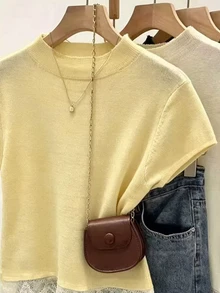 Franclia Women's Spring/Early Spring New Pullover Sweater Knit Top, Black And White Striped Colorblock Lace Patchwork Short Sleeve, Casual Versatile Korean-Style French Chic - Yellow - View 7