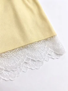 Franclia Women's Spring/Early Spring New Pullover Sweater Knit Top, Black And White Striped Colorblock Lace Patchwork Short Sleeve, Casual Versatile Korean-Style French Chic - Yellow - View 4