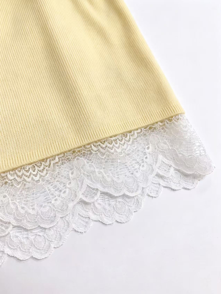Franclia Women's Spring/Early Spring New Pullover Sweater Knit Top, Black And White Striped Colorblock Lace Patchwork Short Sleeve, Casual Versatile Korean-Style French Chic - Yellow - View 3