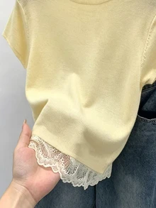 Franclia Women's Spring/Early Spring New Pullover Sweater Knit Top, Black And White Striped Colorblock Lace Patchwork Short Sleeve, Casual Versatile Korean-Style French Chic - Yellow - View 8