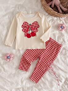 Newborn Baby Girl Cute Cartoon & Floral Pattern Long Sleeve Loungewear Set - Multicolor - View 5