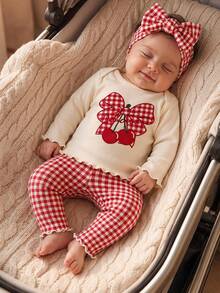 Newborn Baby Girl Cute Cartoon & Floral Pattern Long Sleeve Loungewear Set - Multicolor - View 1