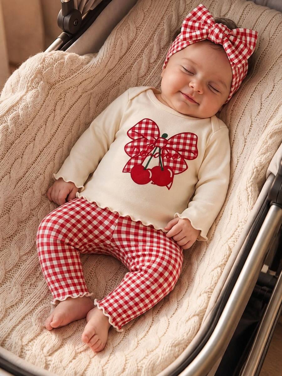 Newborn Baby Girl Cute Cartoon & Floral Pattern Long Sleeve Loungewear Set - Multicolor - View 1