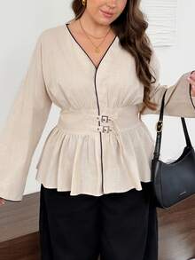 Easowa Curve Plus Size Casual Elegant Vacation Button-Up Ruffle Hem Shirt For Everyday Wear Autumn Formal Office Brunch Dinner Beige - Apricot - View 6