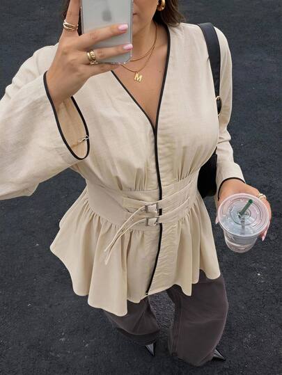 Easowa Curve Plus Size Casual Elegant Vacation Button-Up Ruffle Hem Shirt For Everyday Wear Autumn Formal Office Brunch Dinner Beige