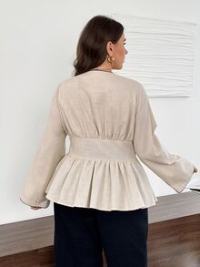 Easowa Curve Plus Size Casual Elegant Vacation Button-Up Ruffle Hem Shirt For Everyday Wear Autumn Formal Office Brunch Dinner Beige - Apricot - View 3