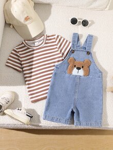SHEIN Playful Pals 男嬰 2 件套 春夏棕色白色丹寧藍拼色可愛泰迪熊拼接吊帶短褲與條紋圓領短袖上衣套裝，寬鬆直筒版型，適合日常穿著、戶外散步、周歲生日拍照、家庭聚會、短途旅行 - 棕色 - 查看 5
