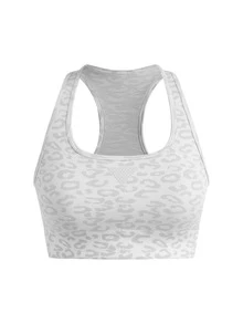 SHEIN Cheerettes 女款時尚豹紋運動內衣 瑜伽健身白色運動內衣 無縫柔軟彈性針織 可拆式胸墊 賽車背式 適合瑜伽健身房穿著 - 白色 - 查看 6