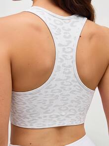 SHEIN Cheerettes 女款時尚豹紋運動內衣 瑜伽健身白色運動內衣 無縫柔軟彈性針織 可拆式胸墊 賽車背式 適合瑜伽健身房穿著 - 白色 - 查看 3