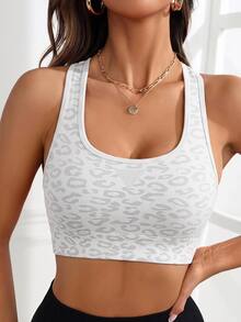 SHEIN Cheerettes 女款時尚豹紋運動內衣 瑜伽健身白色運動內衣 無縫柔軟彈性針織 可拆式胸墊 賽車背式 適合瑜伽健身房穿著 - 白色 - 查看 2