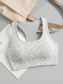 SHEIN Cheerettes 女款時尚豹紋運動內衣 瑜伽健身白色運動內衣 無縫柔軟彈性針織 可拆式胸墊 賽車背式 適合瑜伽健身房穿著 - 白色 - 查看 4
