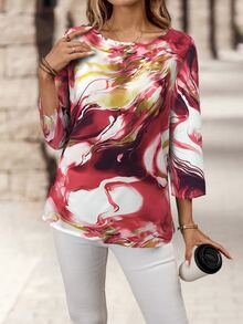 EMERY ROSE Women's Round Neck Long Sleeve Printed Simple Blouse, Casual Everyday Wear Brunch White And Gold Autumn - Red - View 5