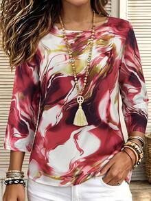 EMERY ROSE Women's Round Neck Long Sleeve Printed Simple Blouse, Casual Everyday Wear Brunch White And Gold Autumn - Red - View 2