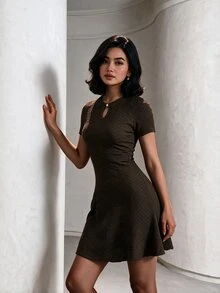 NOVVYNE 女款春夏藍色針織條紋水滴領鈕扣收腰A字優雅浪漫洋裝 - 藍色 - 查看 5