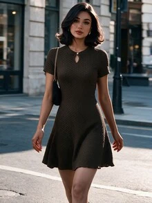 NOVVYNE 女款春夏藍色針織條紋水滴領鈕扣收腰A字優雅浪漫洋裝 - 藍色 - 查看 3