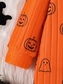 SHEIN Infant Halloween Pumpkin & Ghost Print Ribbed Long Sleeve Footed Romper - Orange - View 7
