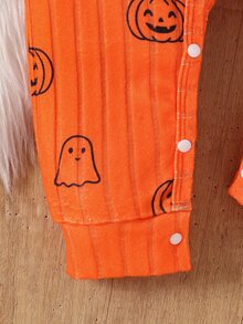 SHEIN Infant Halloween Pumpkin & Ghost Print Ribbed Long Sleeve Footed Romper - Orange - View 8