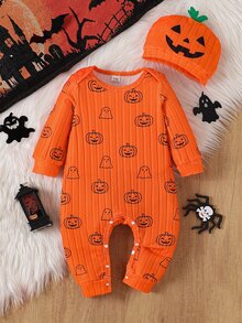 SHEIN Infant Halloween Pumpkin & Ghost Print Ribbed Long Sleeve Footed Romper - Orange - View 4