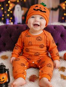 SHEIN Infant Halloween Pumpkin & Ghost Print Ribbed Long Sleeve Footed Romper - Orange - View 3