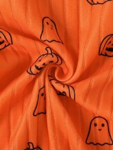 SHEIN Infant Halloween Pumpkin & Ghost Print Ribbed Long Sleeve Footed Romper - Orange - View 5