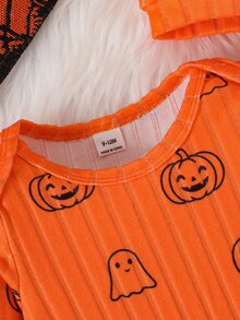 SHEIN Infant Halloween Pumpkin & Ghost Print Ribbed Long Sleeve Footed Romper - Orange - View 9