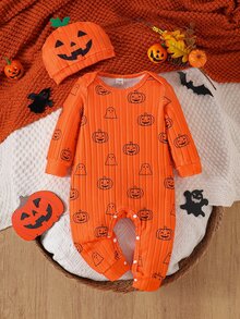 SHEIN Infant Halloween Pumpkin & Ghost Print Ribbed Long Sleeve Footed Romper - Orange - View 1