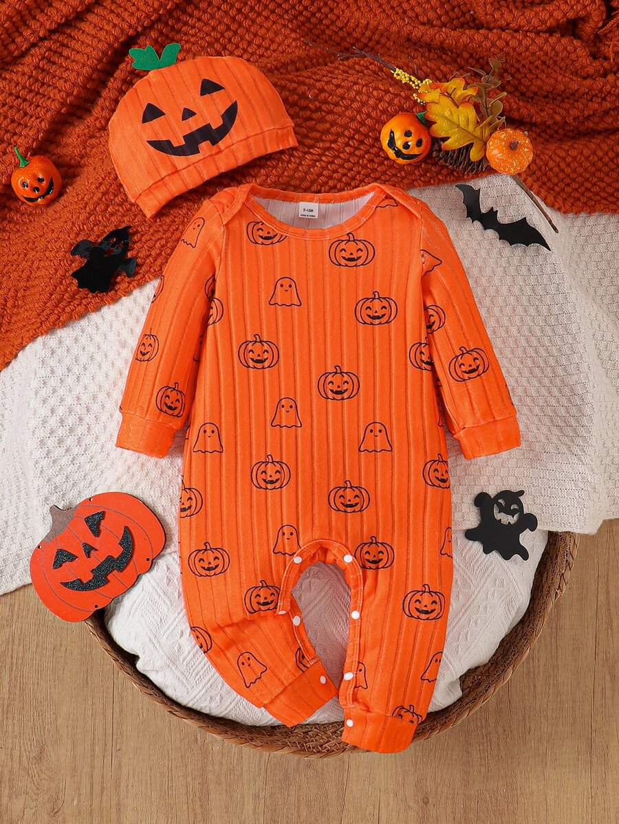 SHEIN Infant Halloween Pumpkin & Ghost Print Ribbed Long Sleeve Footed Romper - Orange - View 1