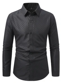 Manfinity Mode Men's Plus Size Shirt  Formal Business Casual Streetwear Commute  Daily Diamond Pattern Long Sleeve Shirt Men's Black Shirt - Black - View 3