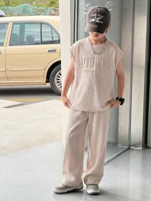SHEIN Little Byeori 两件套儿童休闲韩版宽松压花杏色吊带背心和长裤套装，适合通勤、上学、日常休闲、运动、春夏、度假等场合。 - 杏色 - 查看 3