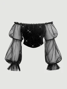 SHEIN MOD 大尺碼女款露肩拼接亮片天鵝絨短版上衣，優雅星空性感派對夜會生日節慶萬聖節黑色秋季 - 黑色 - 查看 5