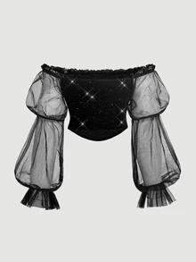 SHEIN MOD 大尺碼女款露肩拼接亮片天鵝絨短版上衣，優雅星空性感派對夜會生日節慶萬聖節黑色秋季 - 黑色 - 查看 6
