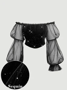 SHEIN MOD 大尺碼女款露肩拼接亮片天鵝絨短版上衣，優雅星空性感派對夜會生日節慶萬聖節黑色秋季 - 黑色 - 查看 2