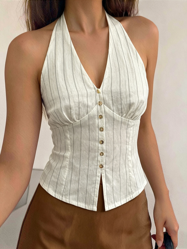 Cévolie Summer Casual French Elegant Fashion Versatile Striped Print Sleeveless Halter Neck Backless Fitted Women's Tank Top Vacation White