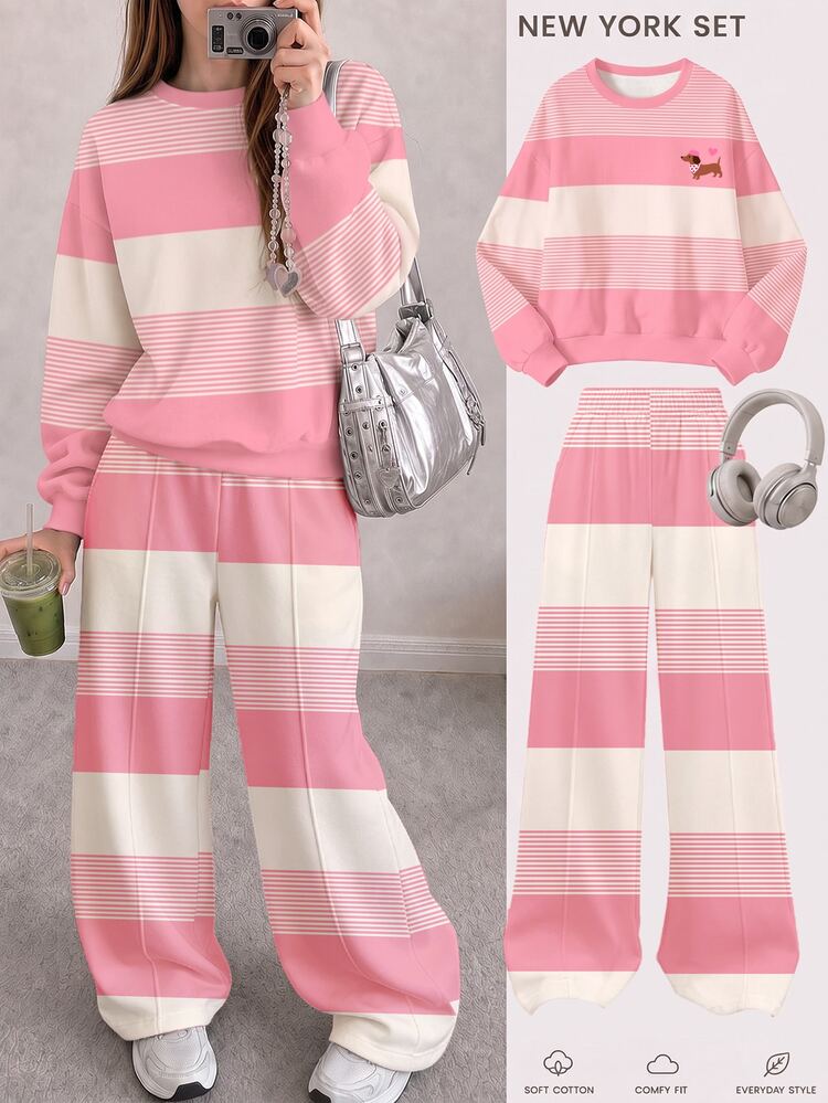 Tween Girls Sweet Pink Striped Vintage Girly Sausage Dog Heart Print Casual Loose Long Sleeve Pullover Sweatshirt And Wide Leg Sweatpants Set, Suitable For Autumn/Winter Daily, Campus, Outdoor Sports, Lazy Chic, Relaxed Casual, Girly Style - Multicolor - View 4