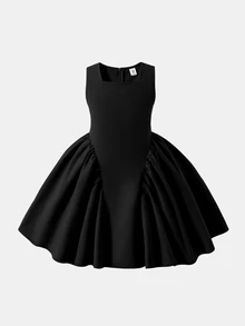 Kids Young Girl Woven Solid Color Square Neck Casual Sleeveless Dress N O Ne 7th Birthday Summer - Black - View 5