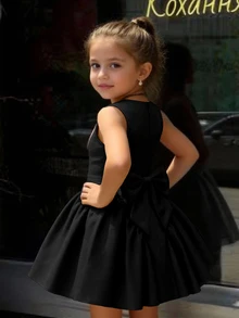 Kids Young Girl Woven Solid Color Square Neck Casual Sleeveless Dress N O Ne 7th Birthday Summer - Black - View 3