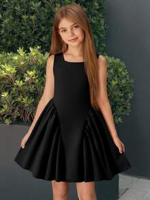 Kids Young Girl Woven Solid Color Square Neck Casual Sleeveless Dress N O Ne 7th Birthday Summer - Black - View 4