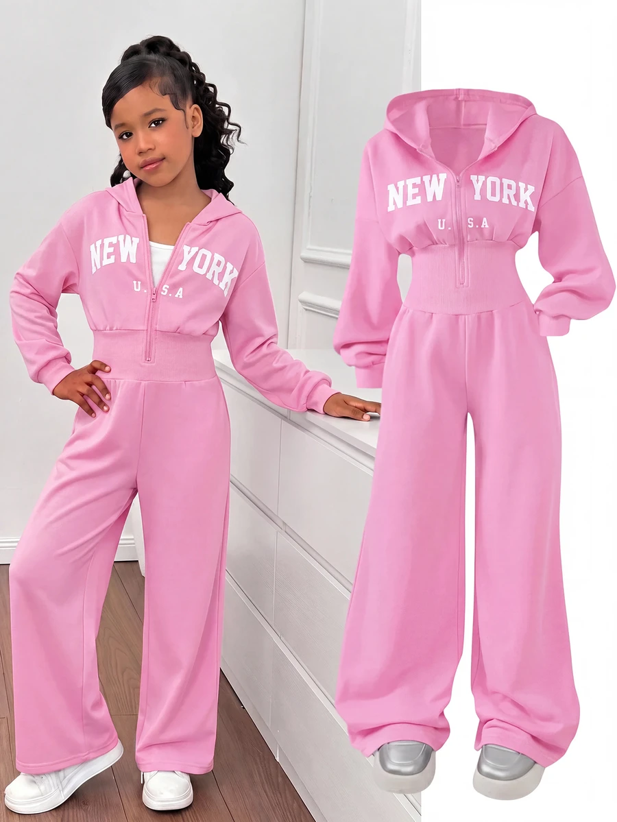 SHEIN 青少年女孩時尚簡約純色連帽拉鍊印字母高腰秋冬連身褲 - 粉色 - 查看 1