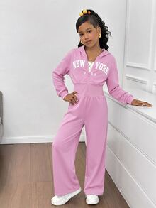 SHEIN 青少年女孩時尚簡約純色連帽拉鍊印字母高腰秋冬連身褲 - 粉色 - 查看 3