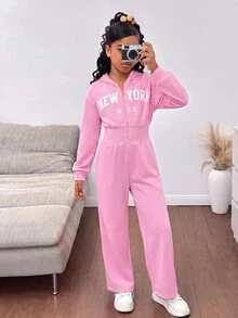 SHEIN 青少年女孩時尚簡約純色連帽拉鍊印字母高腰秋冬連身褲 - 粉色 - 查看 6