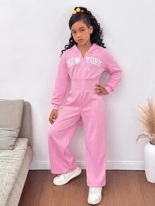 SHEIN 青少年女孩時尚簡約純色連帽拉鍊印字母高腰秋冬連身褲 - 粉色 - 查看 5