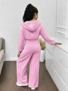 SHEIN 青少年女孩時尚簡約純色連帽拉鍊印字母高腰秋冬連身褲 - 粉色 - 查看 2