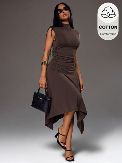 Radiana Casual Minimalist Elegant Coffee Brown Bodycon Dress, Elegant Dignified Dress, Asymmetrical A-Line Design Dress, Mid-Length Dress, Waist-Cinching Dress, Casual Business Dress, High Elasticity Knit Fabric, Body-Hugging To Highlight Curves, Suitable For Daily Casual Outings, Dating, Commuting, Office, Workplace Wear