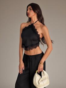 SHEIN Tall 女款純色對比蕾絲掛脖背心與長褲時尚兩件套 - 黑色 - 查看 4