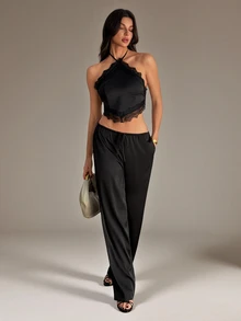 SHEIN Tall 女款純色對比蕾絲掛脖背心與長褲時尚兩件套 - 黑色 - 查看 7