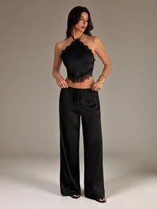 SHEIN Tall 女款純色對比蕾絲掛脖背心與長褲時尚兩件套 - 黑色 - 查看 5