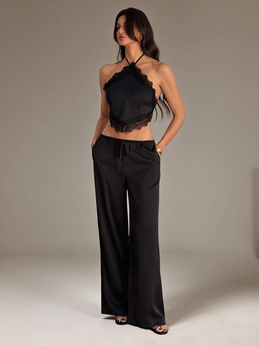 SHEIN Tall 女款純色對比蕾絲掛脖背心與長褲時尚兩件套 - 黑色 - 查看 1