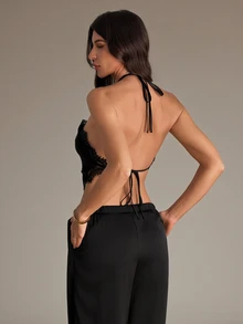 SHEIN Tall 女款純色對比蕾絲掛脖背心與長褲時尚兩件套 - 黑色 - 查看 2